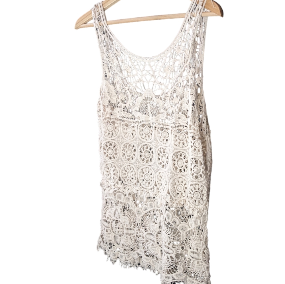 Sleeveless Knit Lace Vacation Coverup XL Cream
